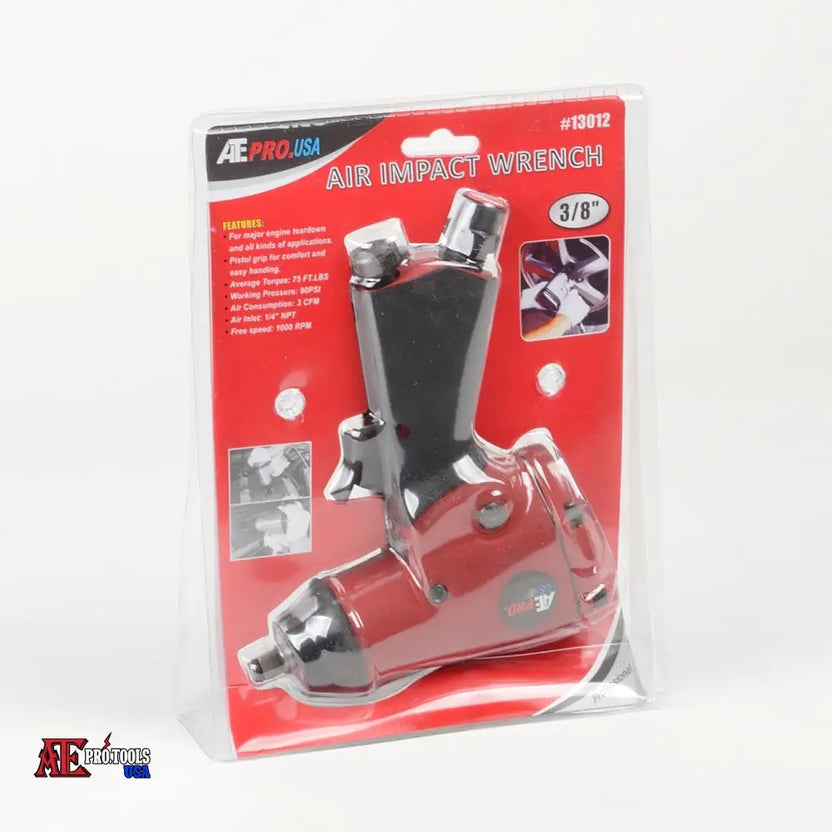 AE Pro USA 3/8-inch air impact wrench in red and black, packaged in a clear plastic blister pack with a red backing card.