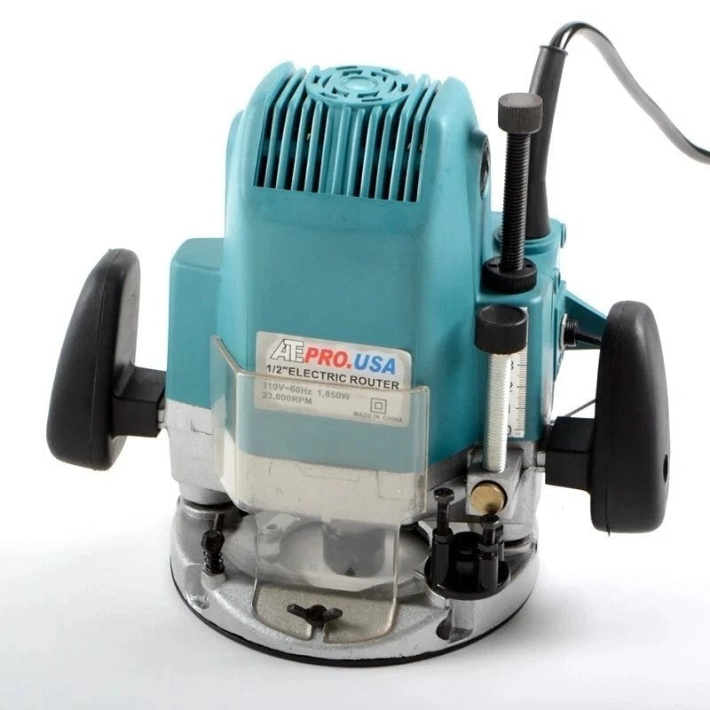 Blue electric router with visible branding on a white background
