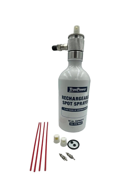TruePower Rechargeable Spot Spray bottle with metal nozzle, shown with red refill tubes, small caps, and O-ring on a white studio background.