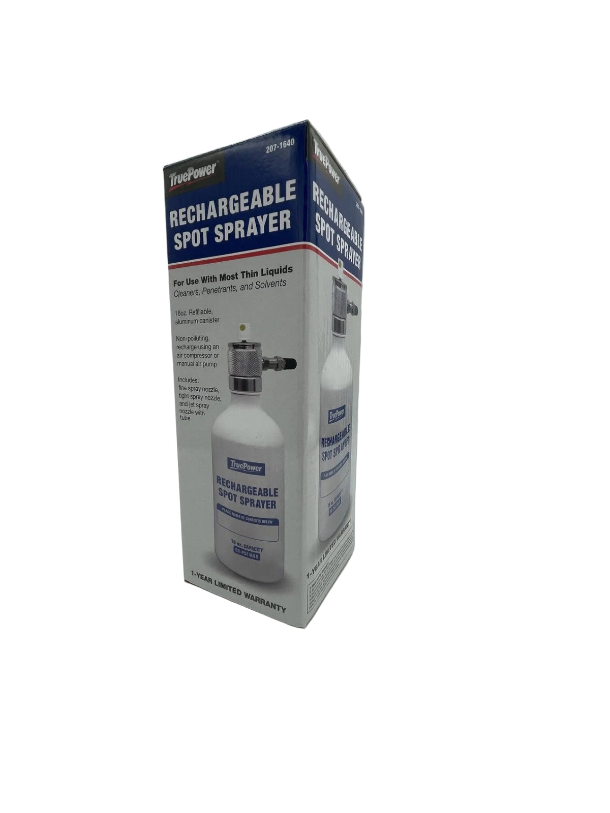 A boxed product labeled 'FirstRanger Rechargeable Spot Sprayer' standing upright on a white studio surface, with a reflective silver backdrop behind it.