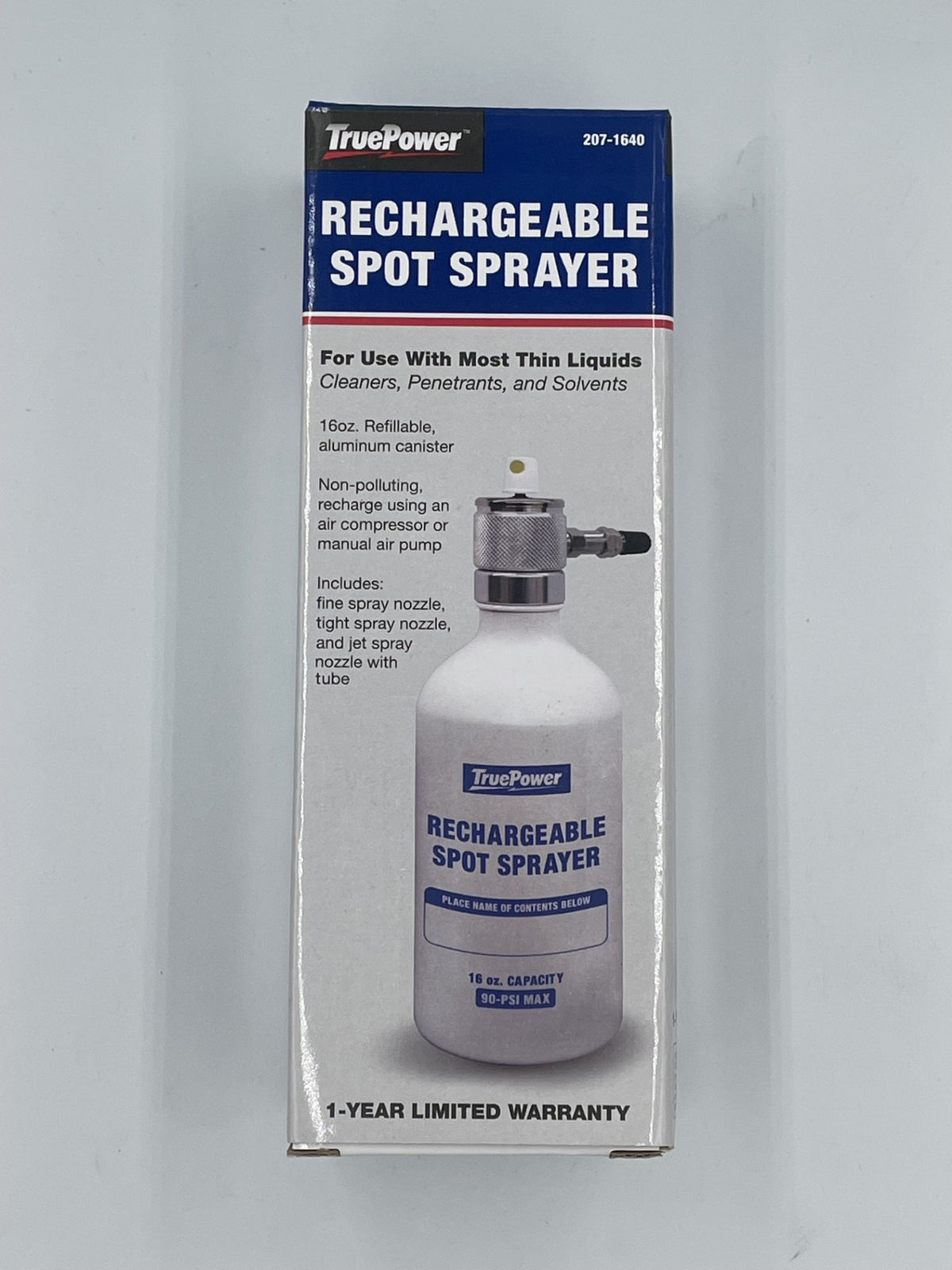 TruePower Rechargeable Spot Sprayer in its original retail packaging, featuring a white bottle with a silver nozzle and a blue and white box.