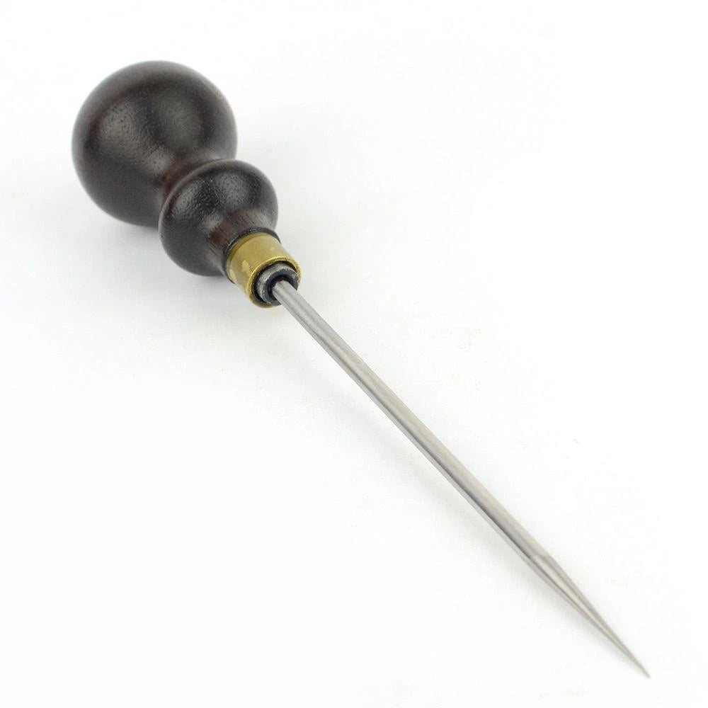 A wooden and metal pin tool with a dark brown wooden handle and a long silver metal shaft, shown on a plain white background.