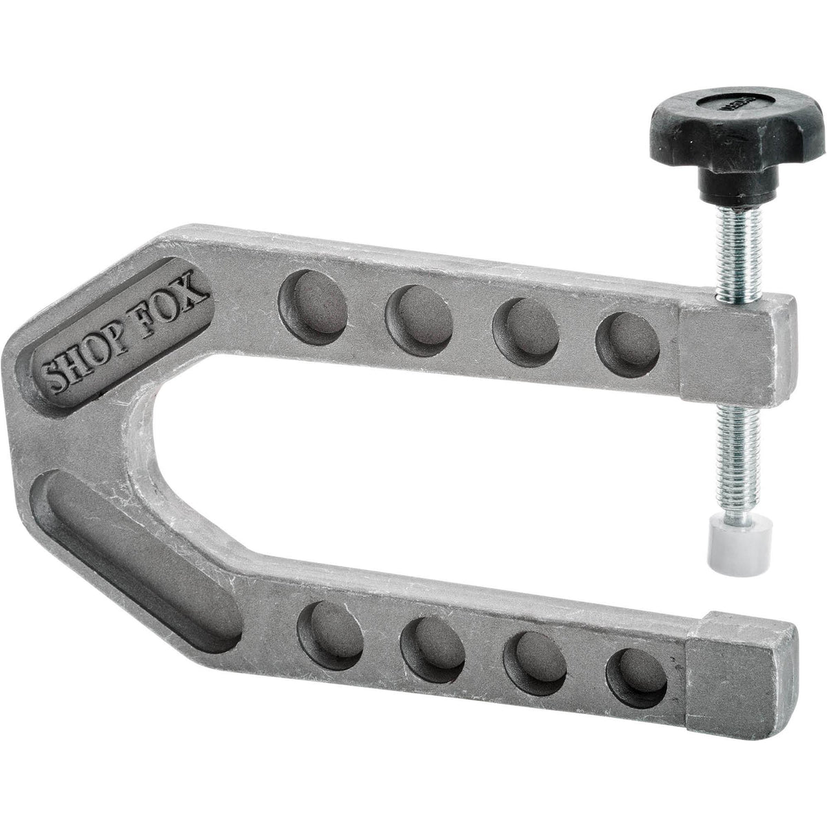 Metal C-clamp with adjustable screw on a white background, featuring 'Shop Fox' branding.