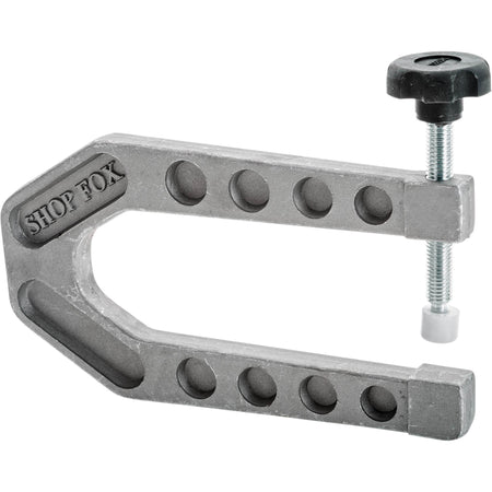 Metal C-clamp with adjustable screw on a white background, featuring 'Shop Fox' branding.