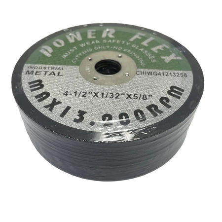 A spool of Power Flex industrial metal cutting wheels, wrapped in protective plastic, resting on a white surface.
