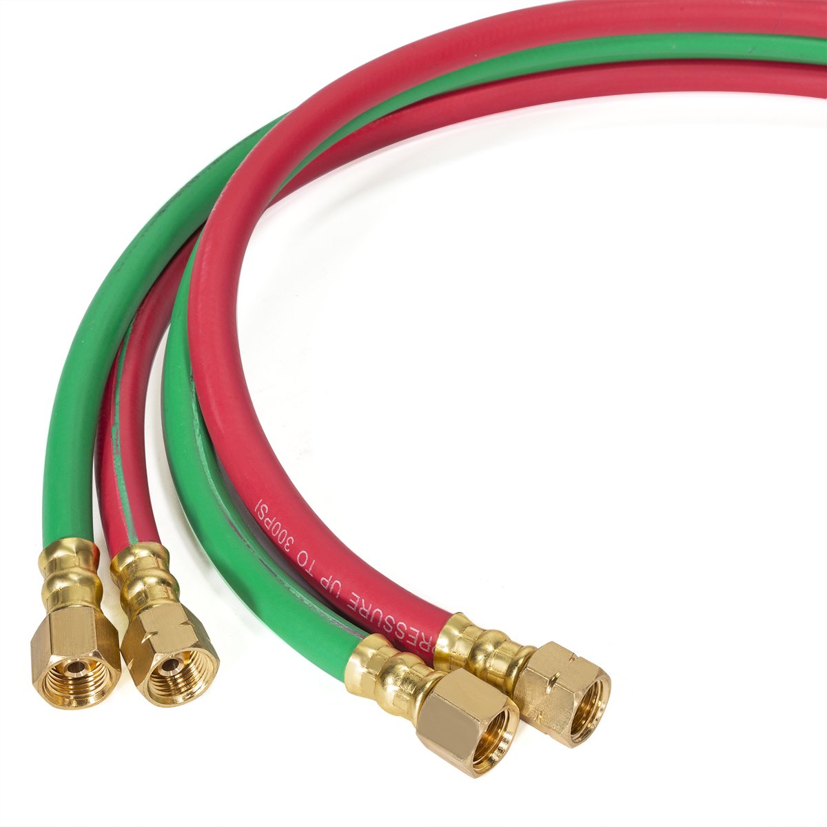 Red and green hoses with brass connectors on a white background