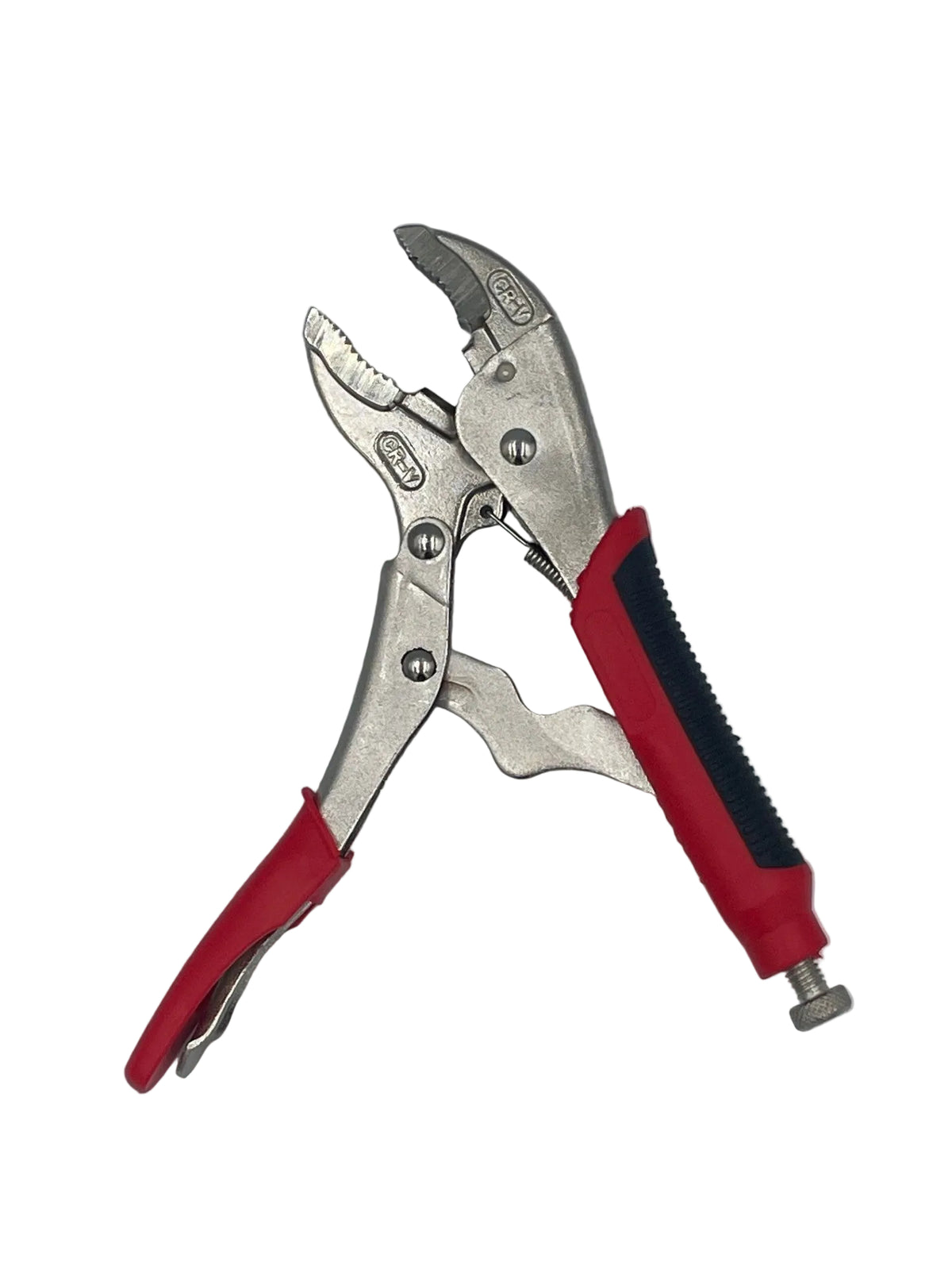 A pair of locking pliers with red and black handles and silver metal jaws, photographed on a plain light gray background.