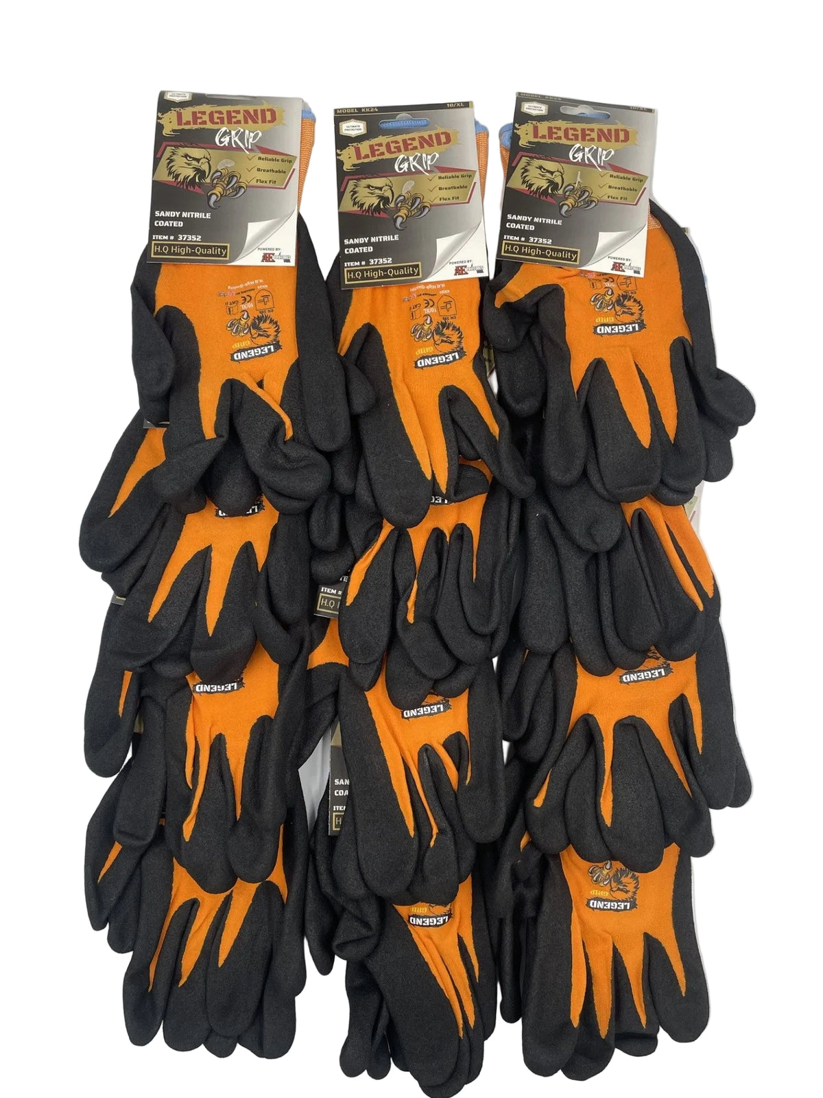 Six pairs of heavy-duty work gloves packaged on their original cardboard hangers, arranged in two columns of three. The gloves feature a bright orange and black color scheme with the 'Legend G-10' branding.