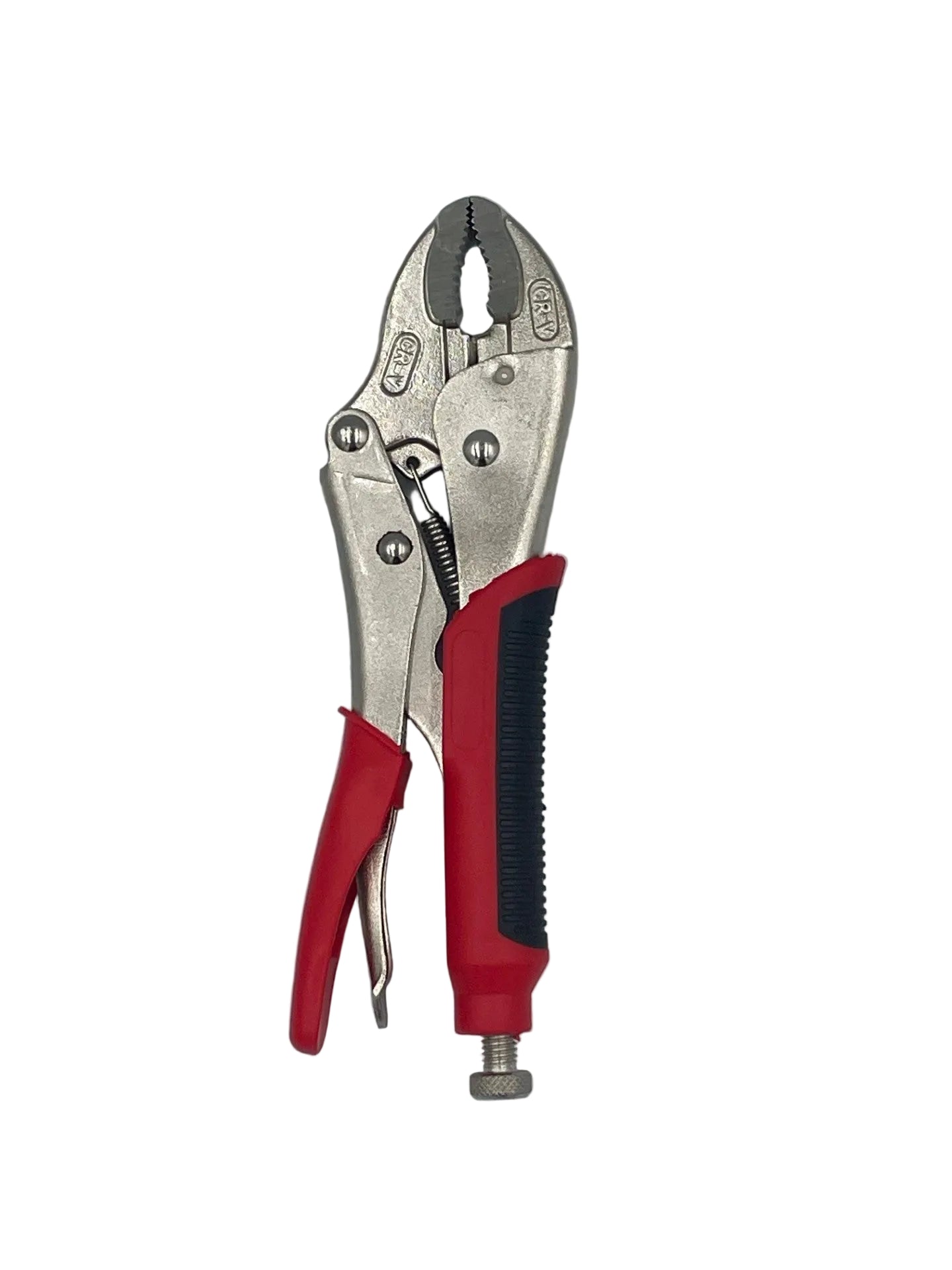 A pair of locking pliers with red and black handles, shown against a plain light gray background.