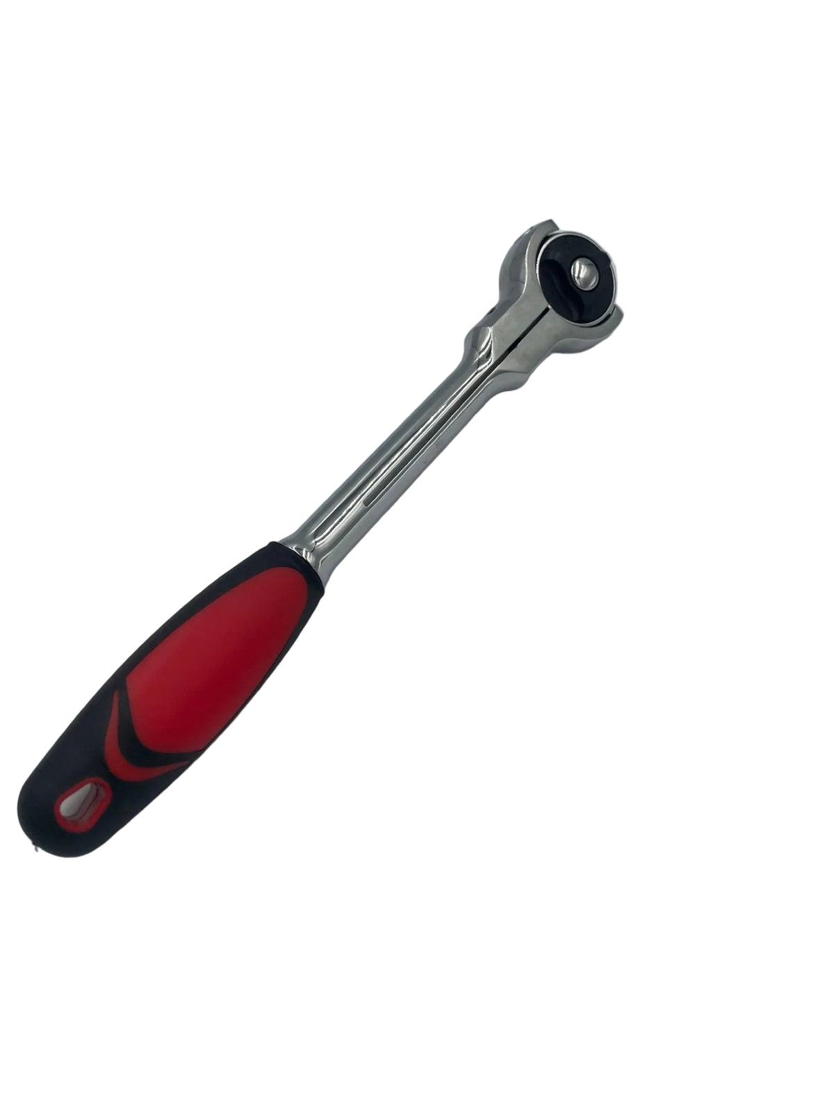 A socket wrench with a red and black textured handle and a polished silver metal shaft and head, photographed on a plain light gray background.