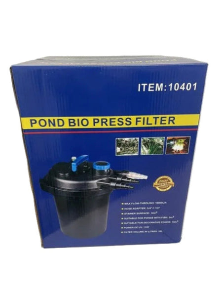 A blue cardboard box for a 'Pond Bio Press Filter' with item number 10401, displayed on a white shelf against a white wall.