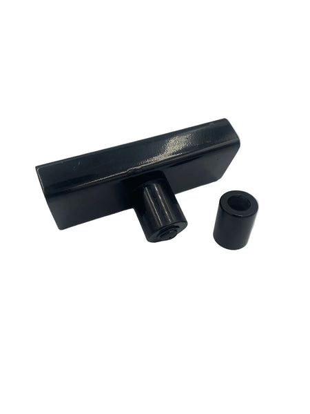 A black metal mounting bracket with a cylindrical bolt and a separate black rubber or plastic sleeve, photographed on a plain light gray background.