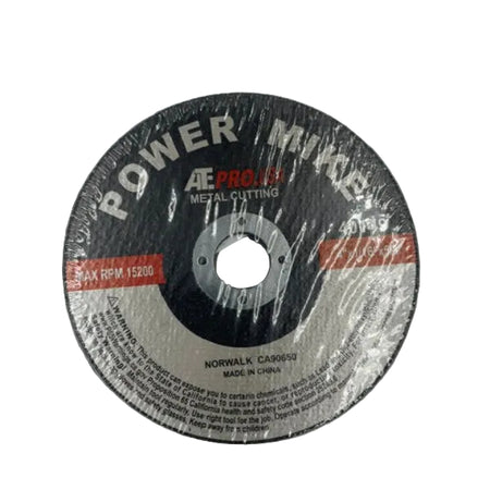 A circular metal cutting disc with a black and silver label reading 'POWER MIKE' and 'AC PRO 14' on a light gray background.
