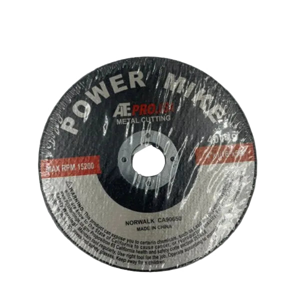 A circular metal cutting disc with a black and silver label reading 'POWER MIKE' and 'AC PRO 14' on a light gray background.