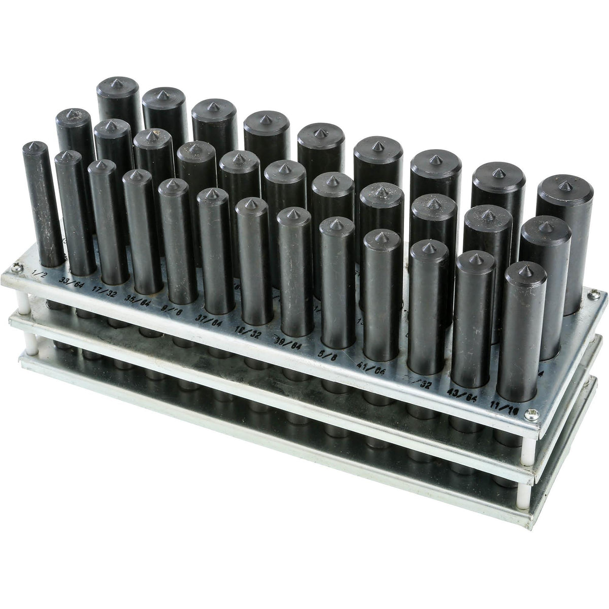Set of black cylindrical tools in a metal holder on a white background