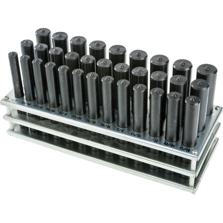 Set of black cylindrical tools in a metal holder on a white background