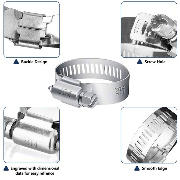 Metal hose clamp with detailed views of buckle, screw hole, engraved dimensions, and smooth edge on a white background.