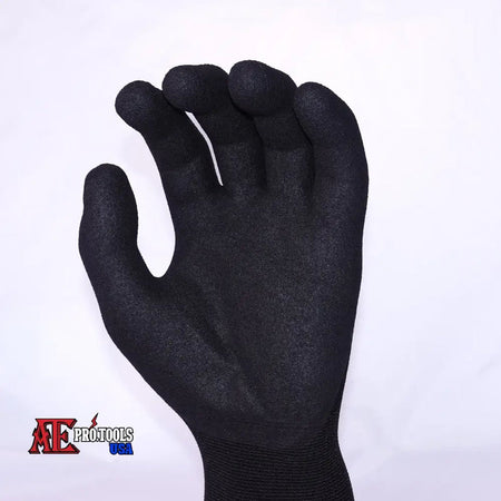 A single black work glove shown on a white background, with a visible logo in the lower-left corner reading AEC Protocols USA.