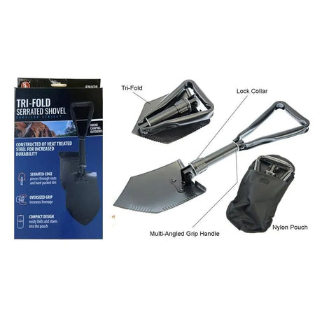 Tri-fold shovel with packaging, lock collar, multi-angled grip handle, and nylon pouch on a white background.