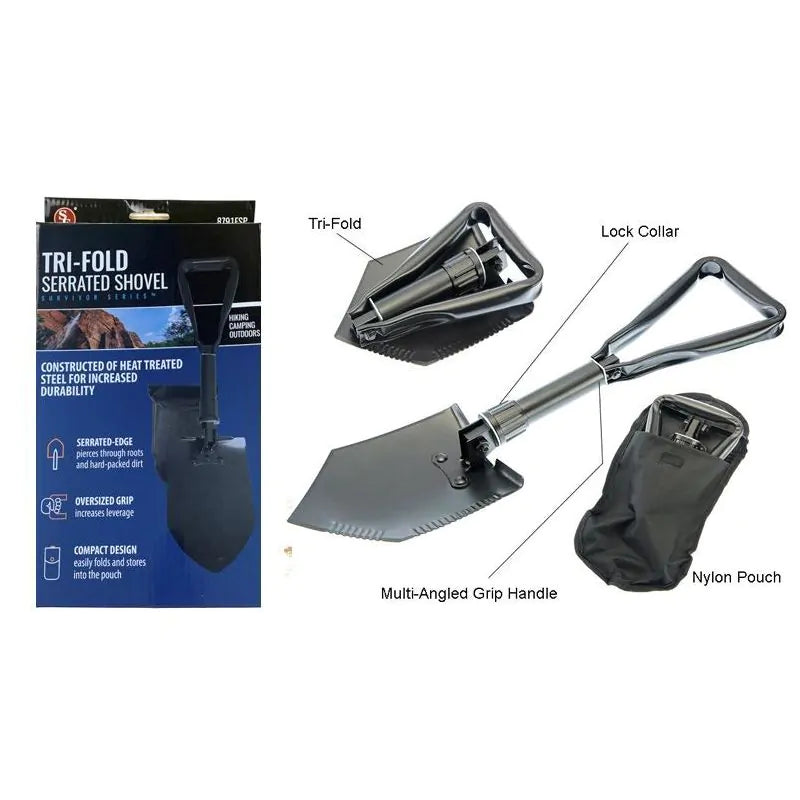 Tri-fold shovel with packaging, lock collar, multi-angled grip handle, and nylon pouch on a white background.