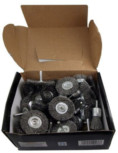 A box of wire wheel brush bits for sanding and grinding, shown in its open cardboard packaging against a white background.