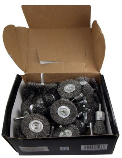 A box of wire wheel brush bits for sanding and grinding, shown in its open cardboard packaging against a white background.
