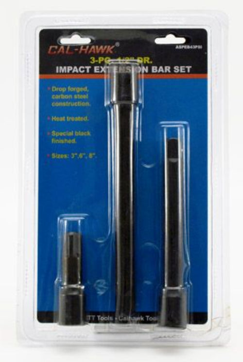 Cal-Hawk 3-PK/12" DR. Impact Extension Bar Set in its original blister packaging, featuring three black metal extension bars of varying lengths.