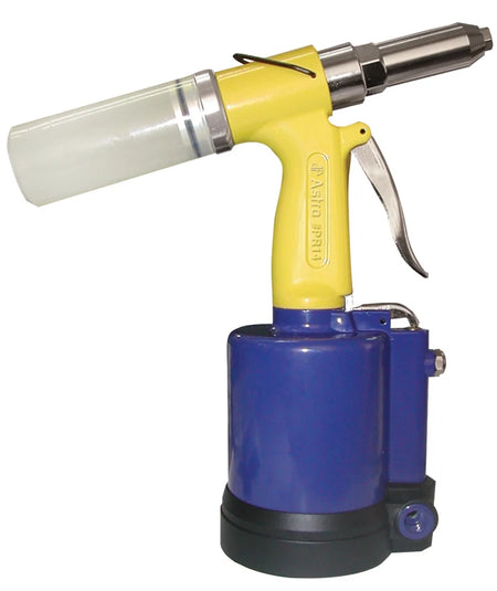 Pneumatic rivet gun with yellow and blue design on a white background