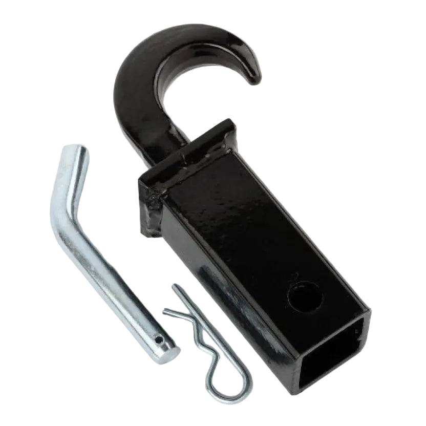 A black metal hook-style towing accessory with a square receiver opening, shown with a silver mounting bolt, washer, and spring clip on a white background. A small 'AK Electric' logo watermark appears in the lower-left corner.