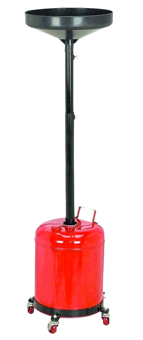 A red and black industrial oil drain stand with a wheeled base, featuring a tall black pole and a round drain pan on top, isolated on a white background.