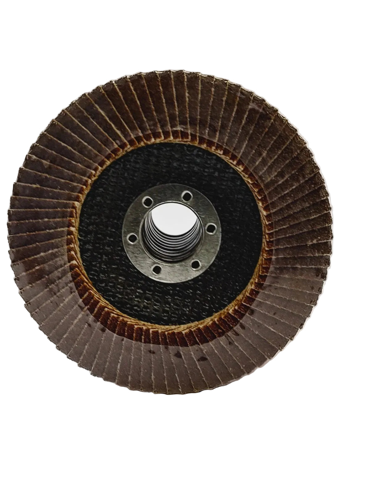 A circular abrasive flap wheel or sanding disc with a dark brown textured outer flange, a black center, and a silver metal threaded hub, photographed on a light gray background.