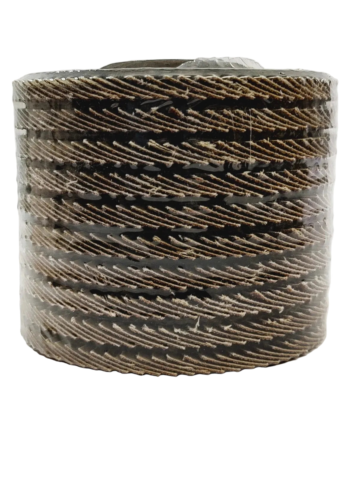 A stack of circular abrasive sanding discs or grinding wheels wrapped in clear plastic, photographed against a plain off-white background.