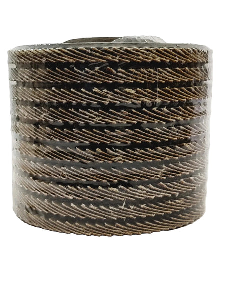 A stack of circular abrasive sanding discs or grinding wheels wrapped in clear plastic, photographed against a plain off-white background.