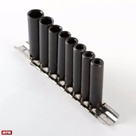 Set of black sockets on a metal tray with ATE branding on a white background