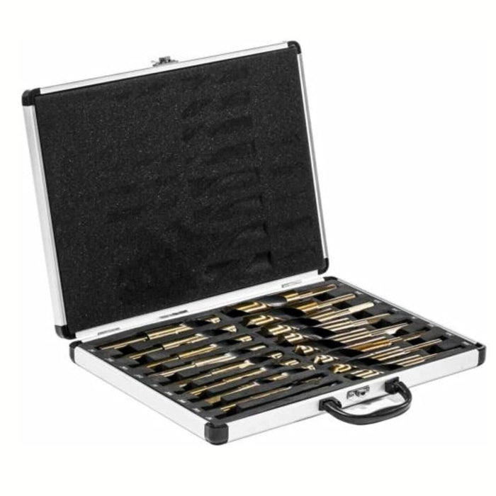 Set of tools in an open metal case on a white background
