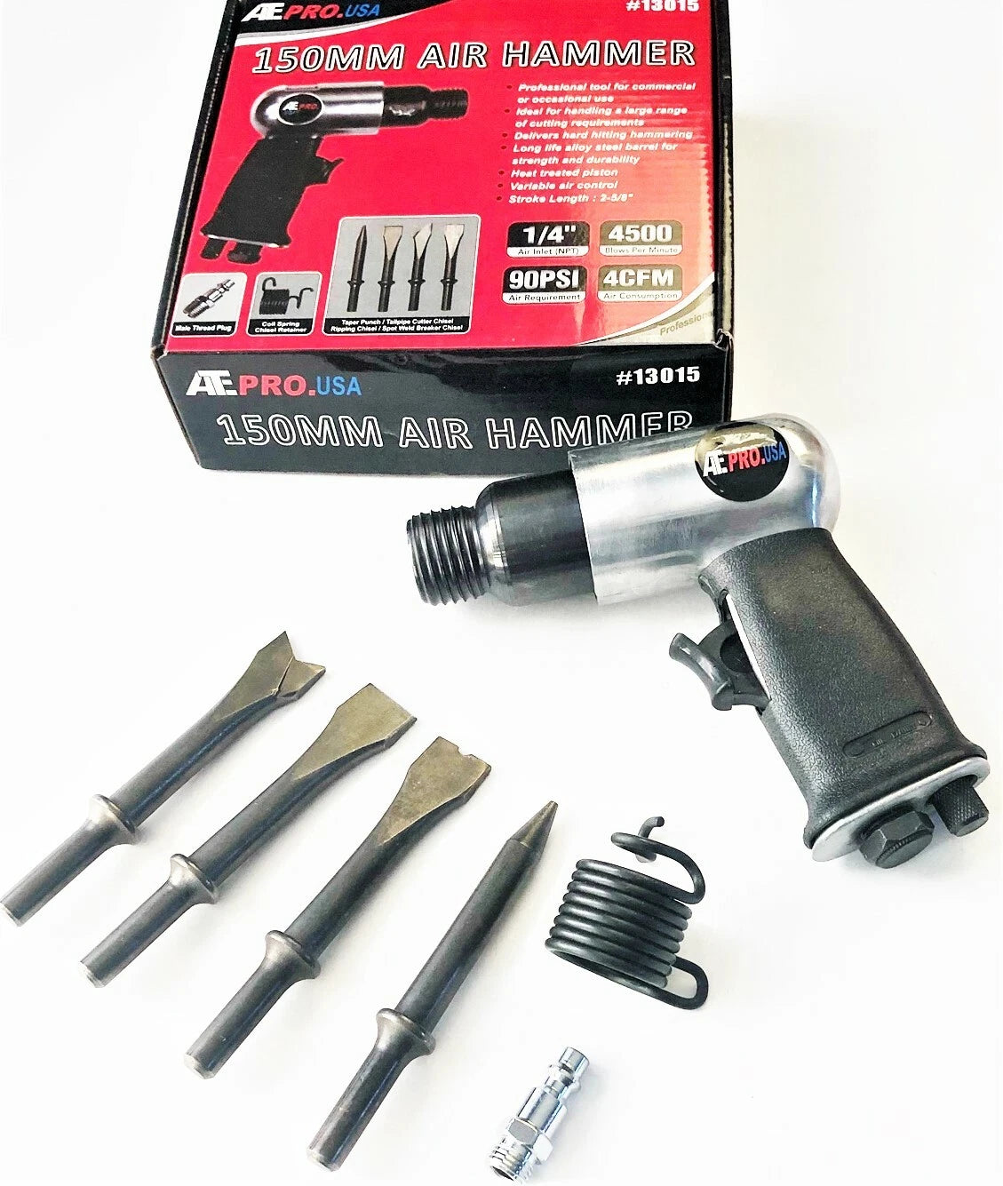 150mm air hammer with attachments and packaging on a white background
