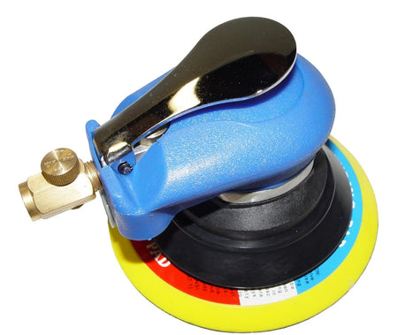 Blue oscillating tool with a yellow sanding disc on a white background