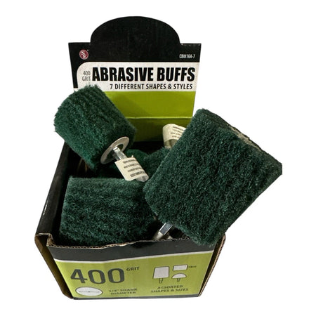 Box of abrasive buffs with green buffs and packaging on a white background