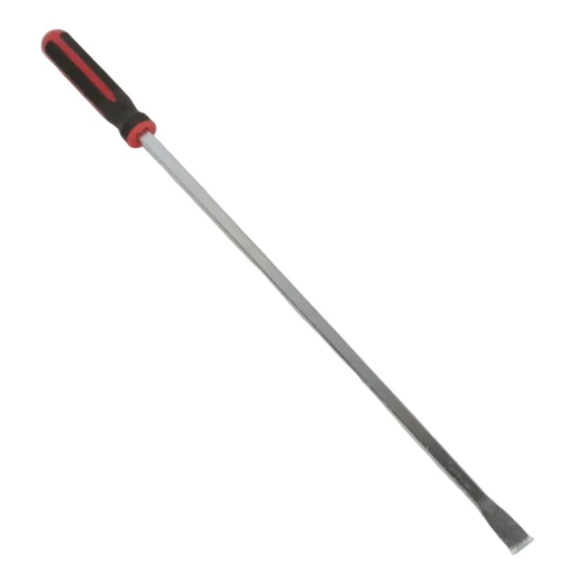 A flathead screwdriver with a black and red textured handle and a long silver metal shaft, shown diagonally on a plain white background.
