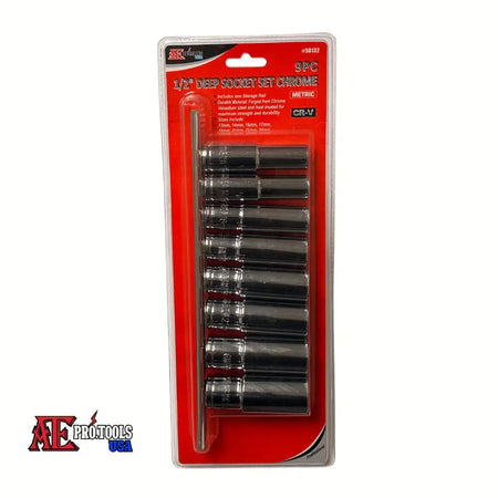 9-piece deep socket set in packaging with AE Protools USA branding on a white background