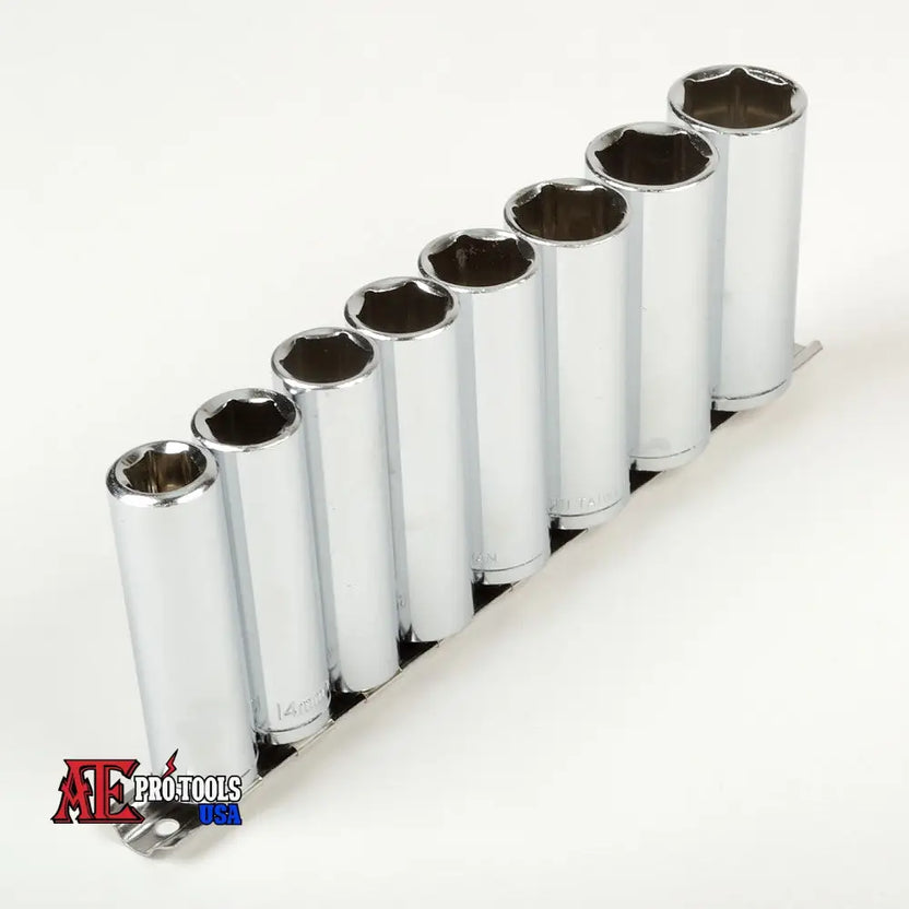 Set of socket wrenches in a row on a white background with ATE Pro Tools logo.