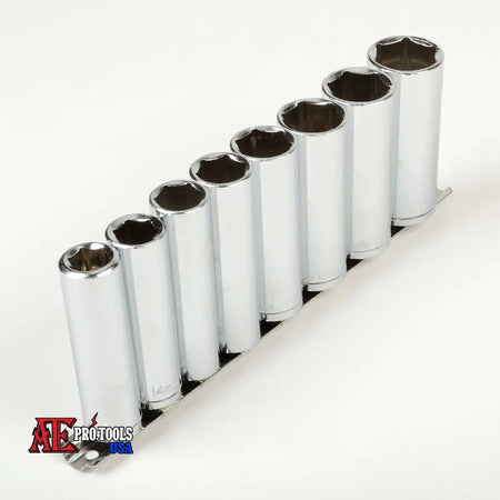 Set of socket wrenches in a row on a white background with ATE Pro Tools logo.