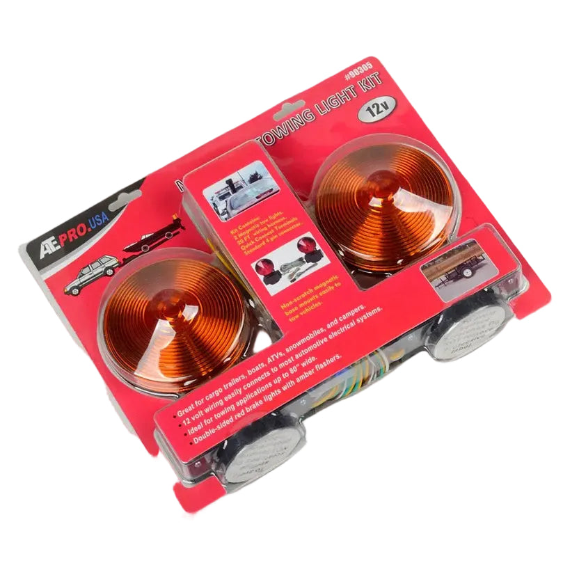 AE Pro USA 12V towing light kit in its original blister packaging, featuring two orange LED light units with wiring harnesses on a red backing card.