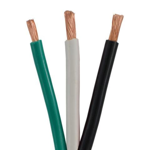 Three wires in green, white, and black with exposed copper cores on a white background