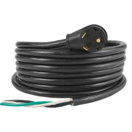 Coiled black electrical cable with a plug on a white background