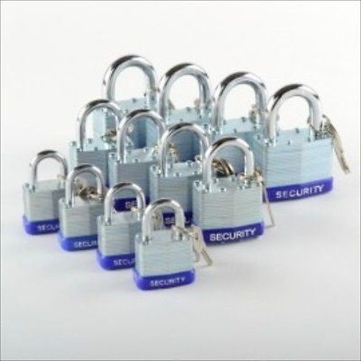 12 Piece Pack of Assorted Size Laminated Pad Lock Padlocks Security Set Locks - tool