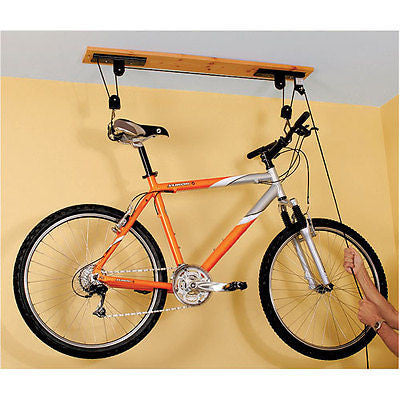 Garage Ceiling Roof Mount Mounted Bike Storage Rope Lift Pulley Rack Hoist - tool