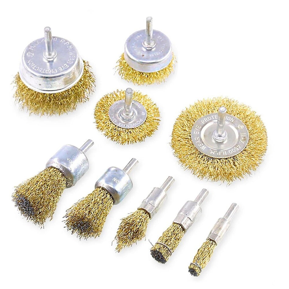 9 Piece Brass Wire Brush Rotary and Drill Abrasive Wheel Bits for Rust and Paint Removal