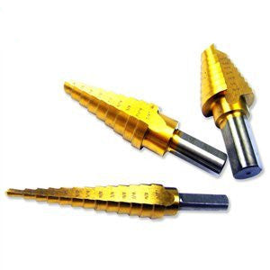 3 Piece Titanium Step Stepped Down Variable Size Steel Drill Bit Unibit Tool Set - tool